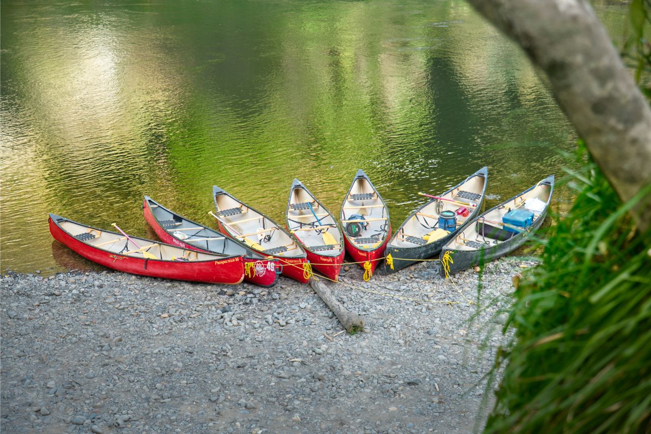 Canoes tied up on the Whanganui River Journey